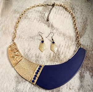 Blue And Gold Women's Statement Necklace With Matching Earrings